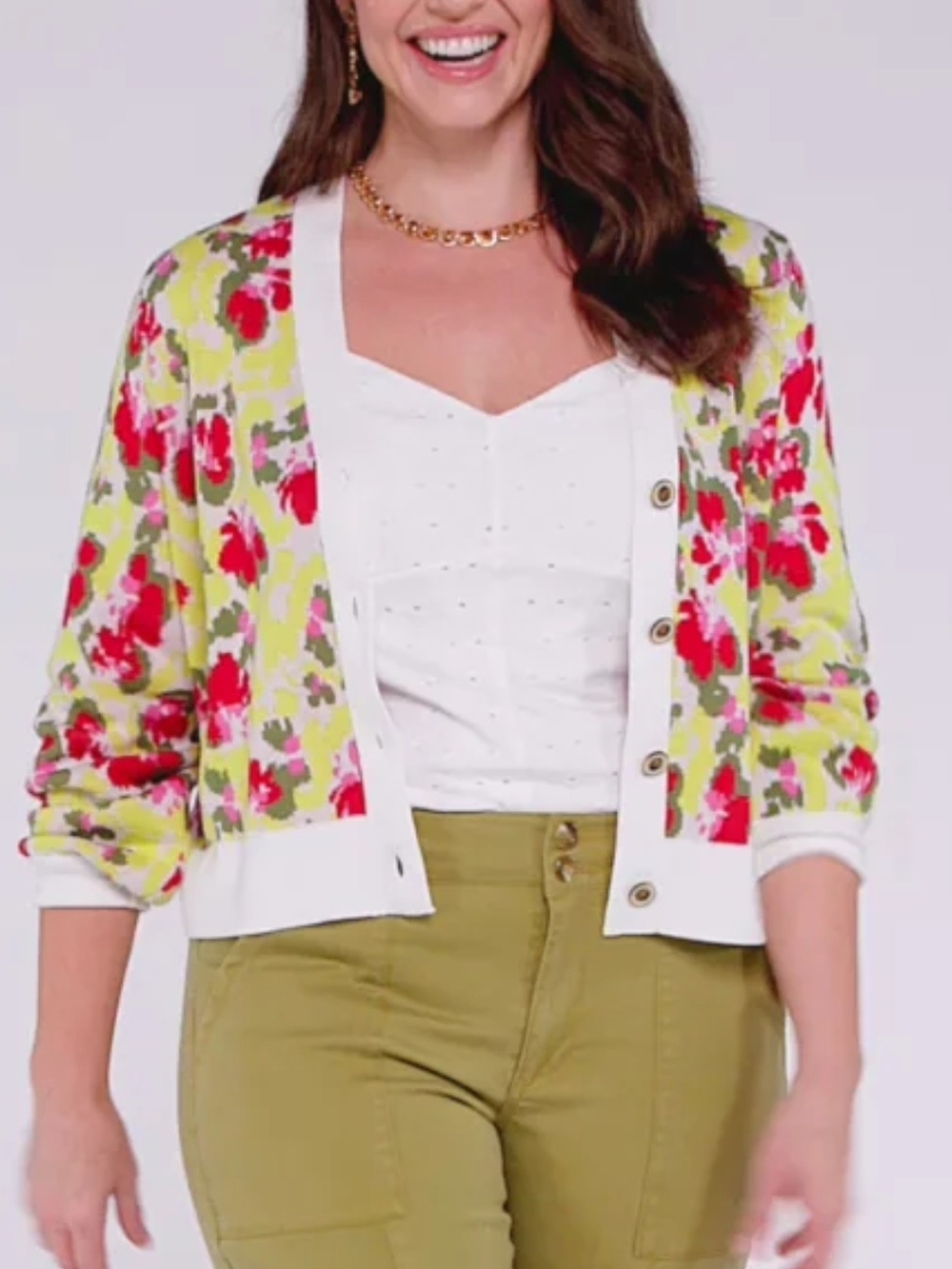 Cabi Garden Cardigan #6450 Floral Cropped V-Neck Knit Sweater - Medium